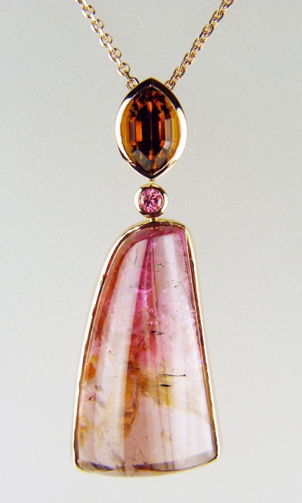 Tourmaline, citrine & spinel pendant in 18ct rose gold - 34.06ct cabochon multicoloured tourmaline, with numerous attractive inclusions, set with a 0.14ct pink spinel round and 2.26ct brown citrine special cut, all mounted in 18ct rose gold