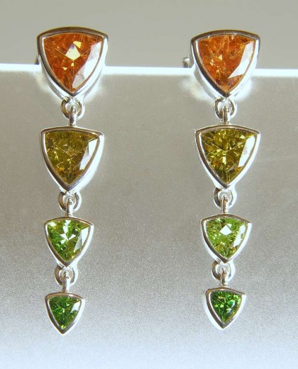 Garnet trillion earrings - 2.01ct spessartine (mandarin) garnets set with 1.89ct Mali grossular green garnets as drop earrings in rubover silver mounts