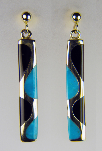 Whitby jet & Arizona turquoise earrings in 9ct yellow gold - Whitby jet and Arizona turquoise earrings in 9ct yellow gold